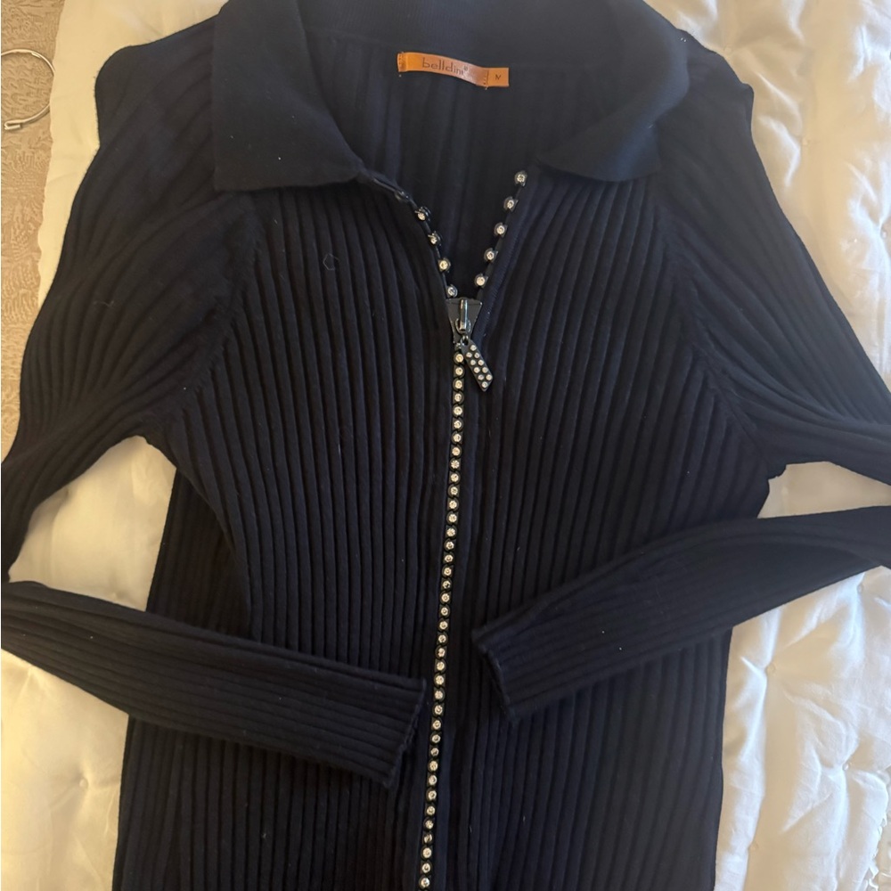 Black Ribbed Zip-Up Sweater with rhinestone Detail